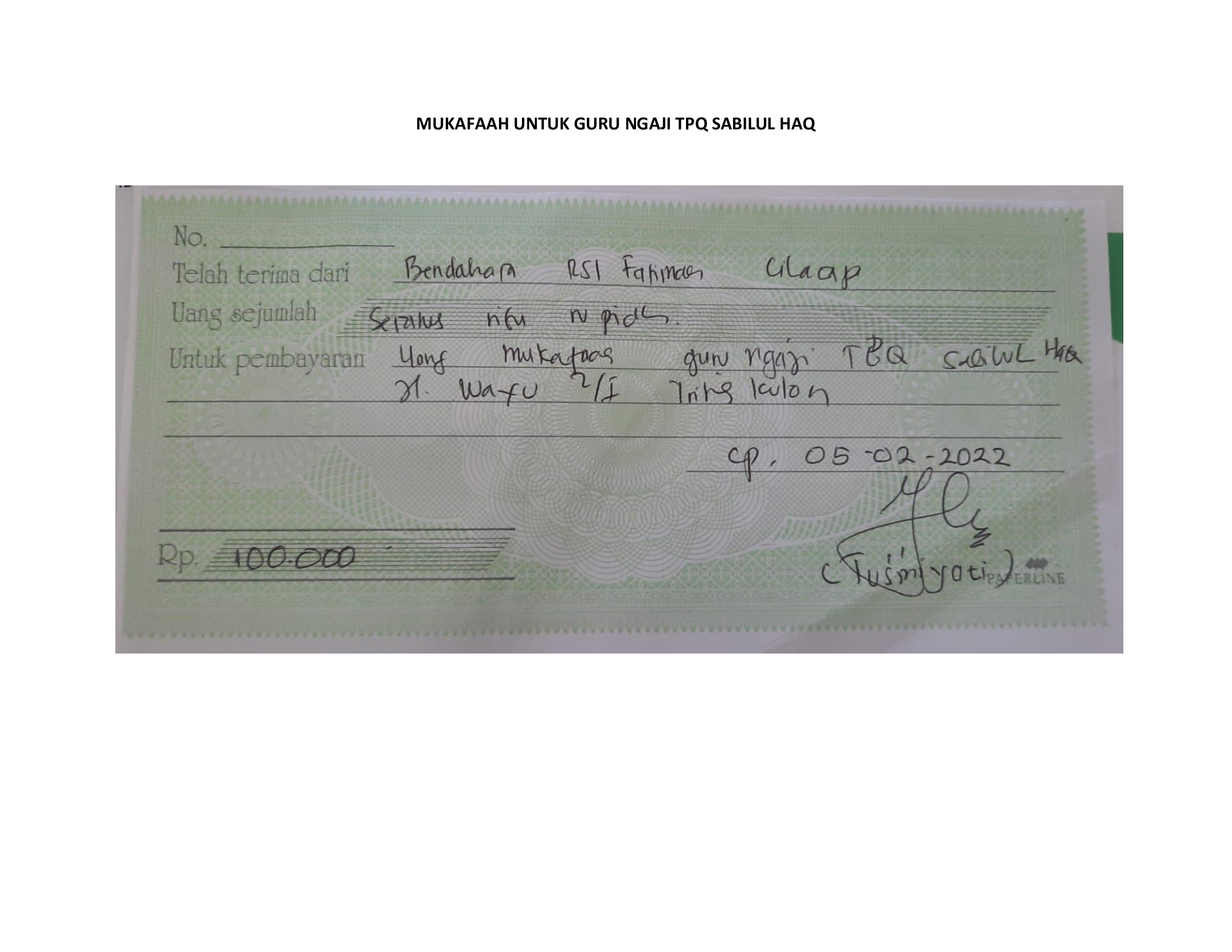 Mukafaah untuk guru ngaji TPQ Sabilul Haq