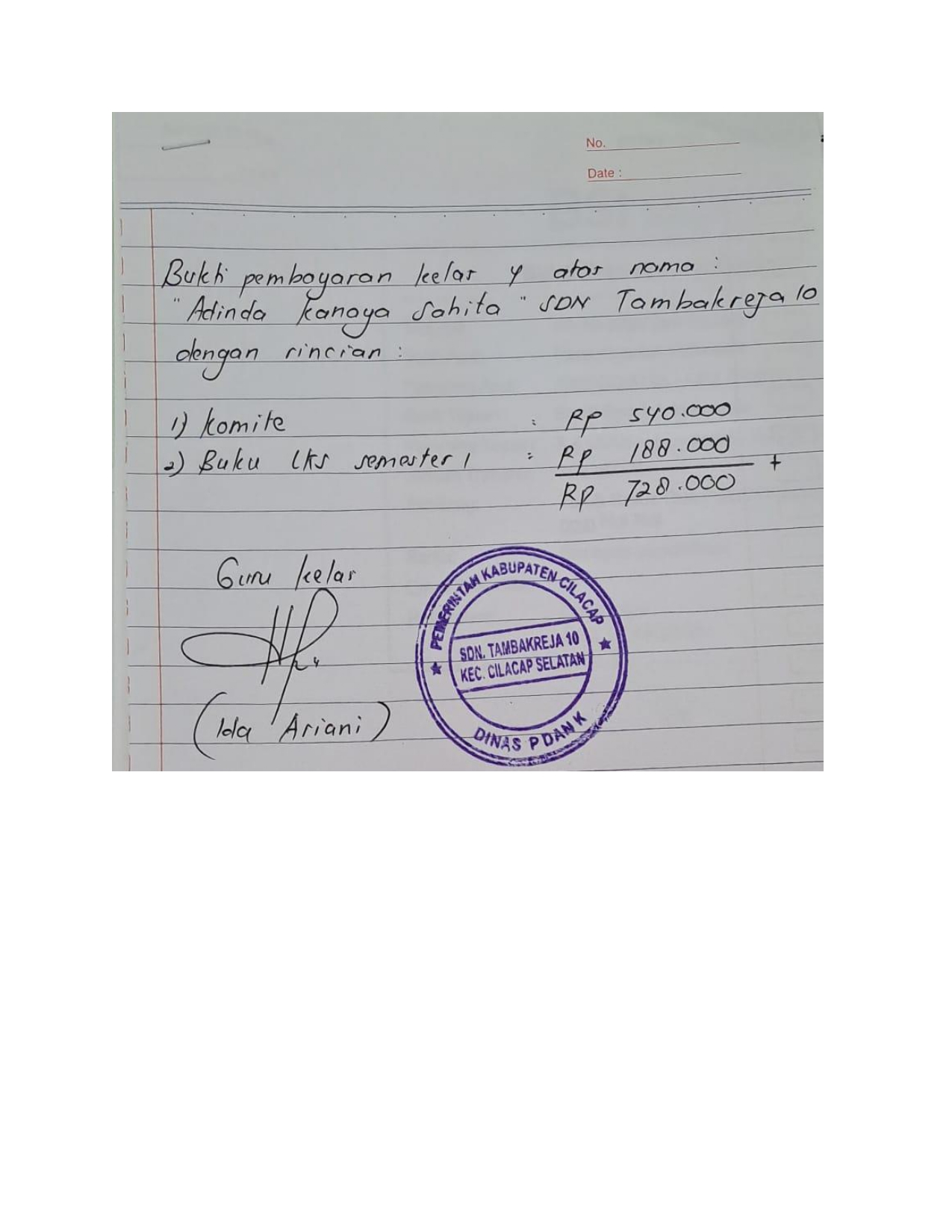 Adinda Kanaya SDN Tambakreja 10 (putri dari Yudhi Prasetyo/pegawai Koperasi)