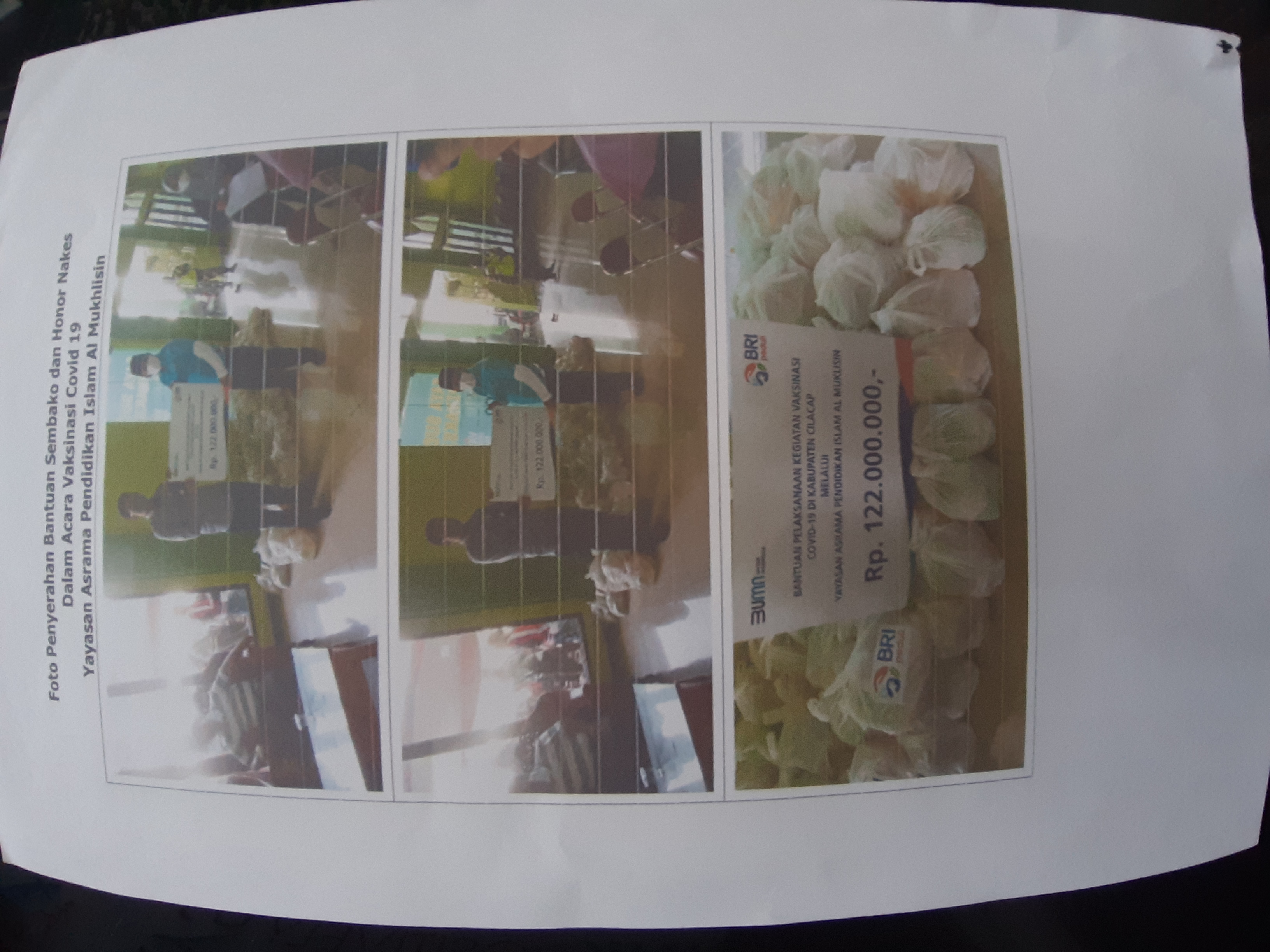 Dana Bantuan Sembako dan Honor Nakes dalam acara Vaksinasi Covid 19 Yayasan Asrama Pendidikan Islam Al Mukhlisin Cilacap