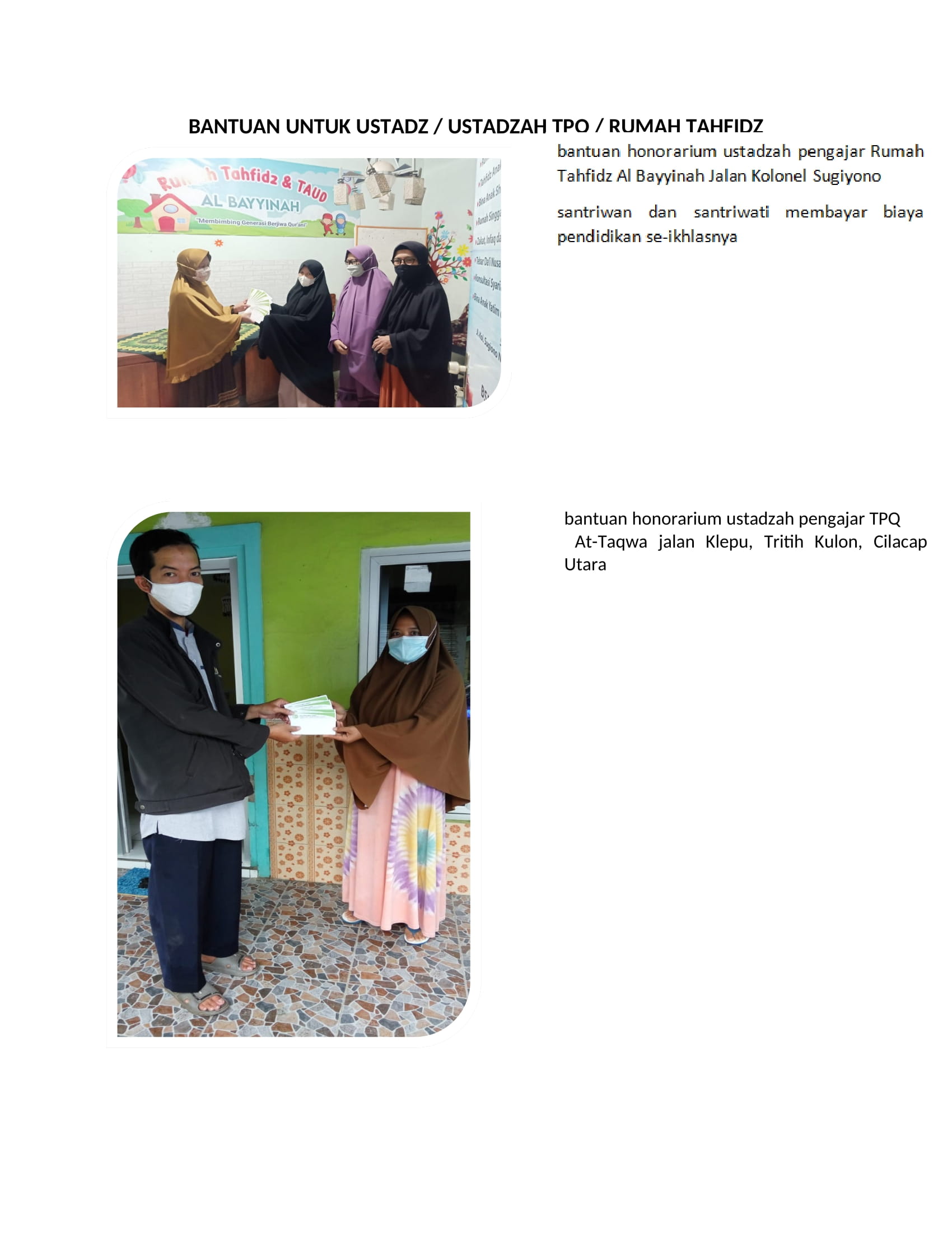 Bantuan untuk ustadz/ustadzah pengajar TPQ, TPA, TK Islam wilayah Cilacap