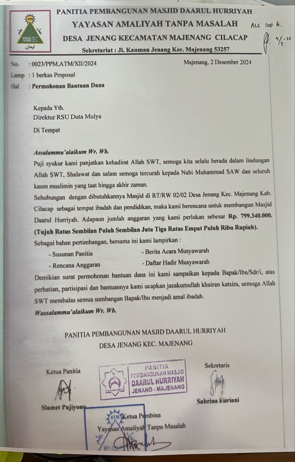 Panitia Pembangunan Masjid Daarul Hurriyah Desa Jenang Kecamatan Majenang