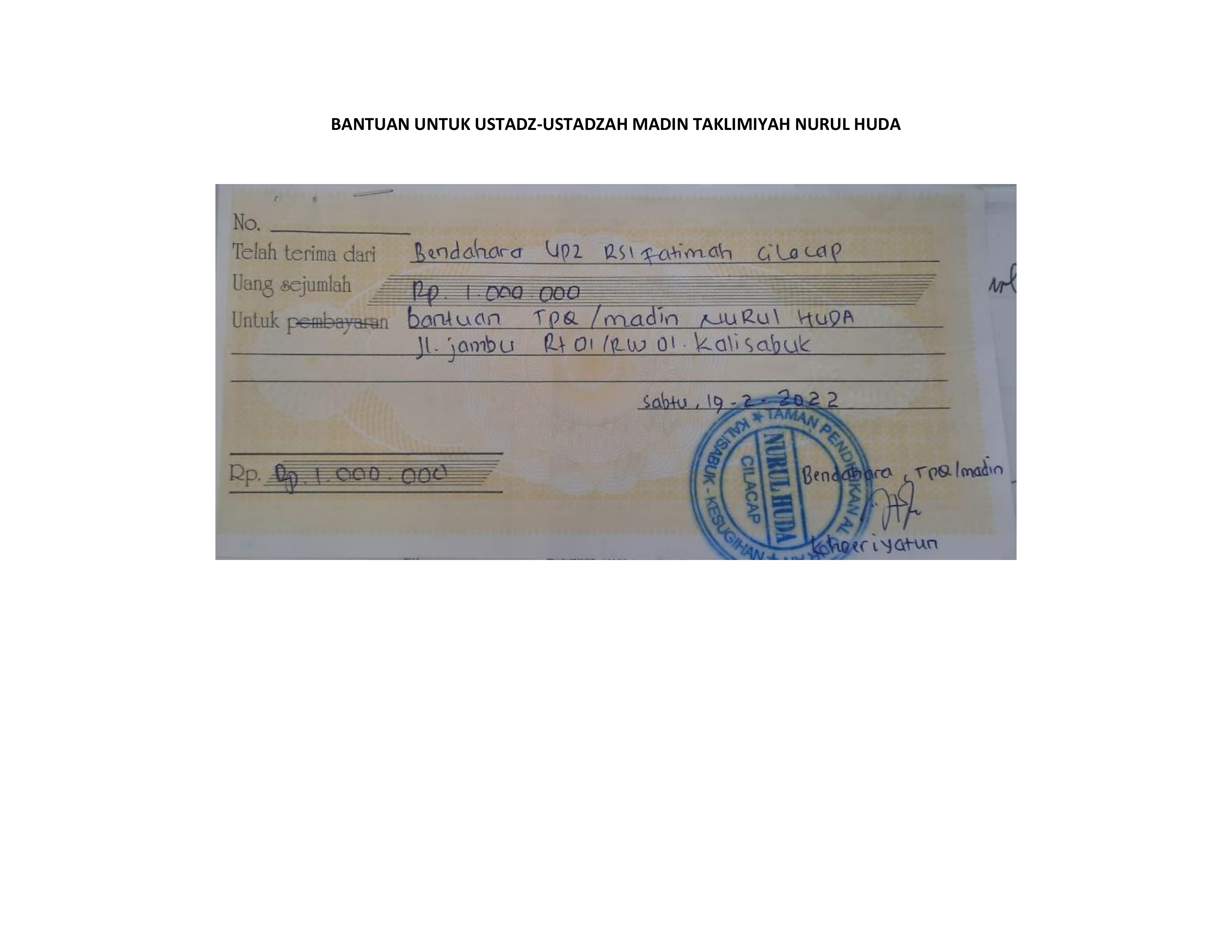 Bantuan untuk ustad-ustadzah MADIN Taklimiyah Nurul Huda Kesugihan