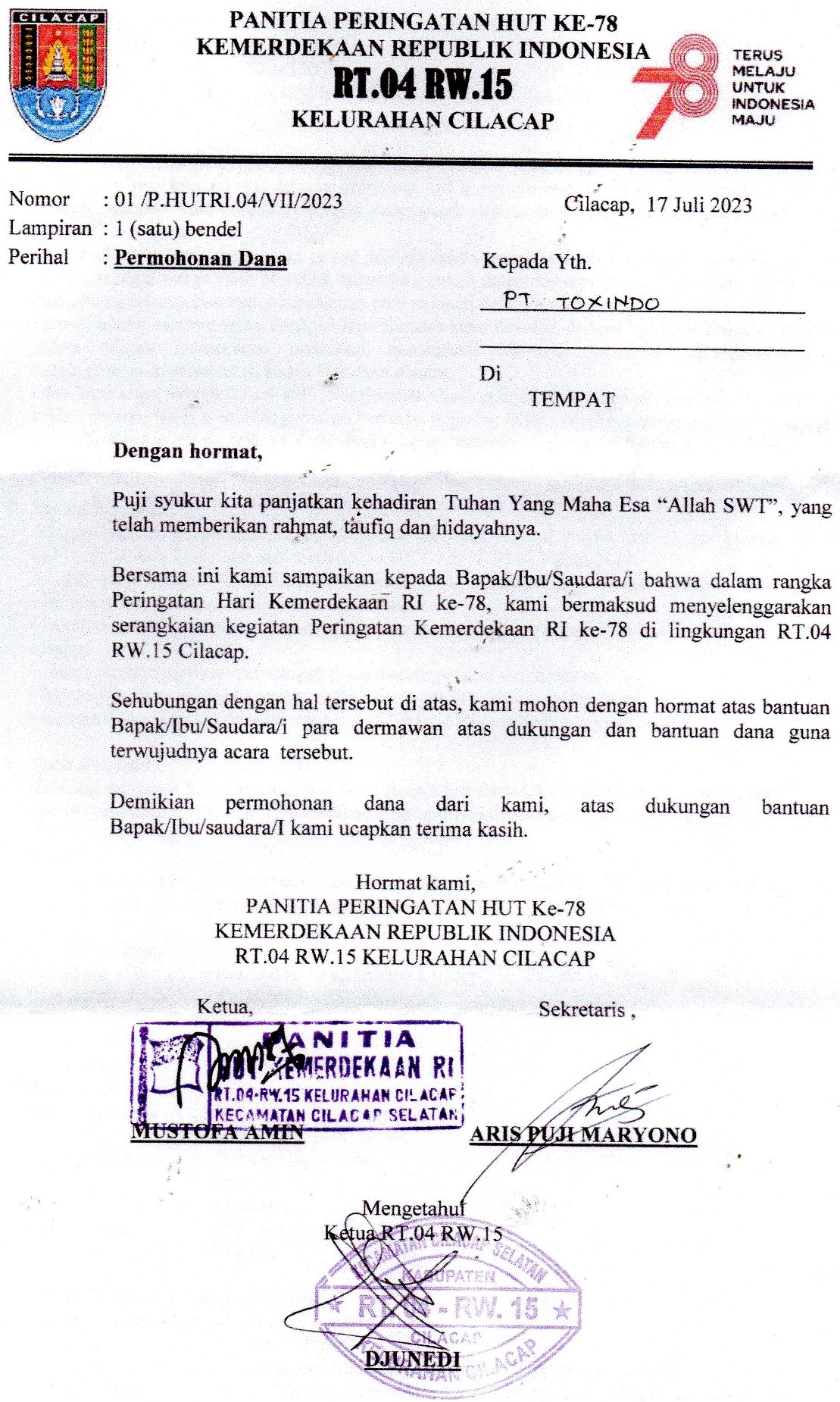 Panitia Peringatan HUT Ke-78 Kemerdekaan RI RT.04 RW.15 Kel. Cilacap