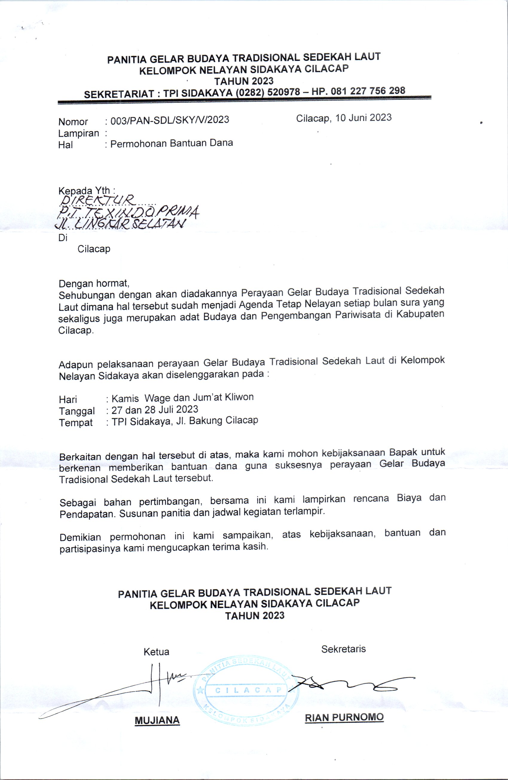 Panitia Gelar Budaya Tradisional Sedekah Laut Kelompok Nelayan Sidakaya Cilacap