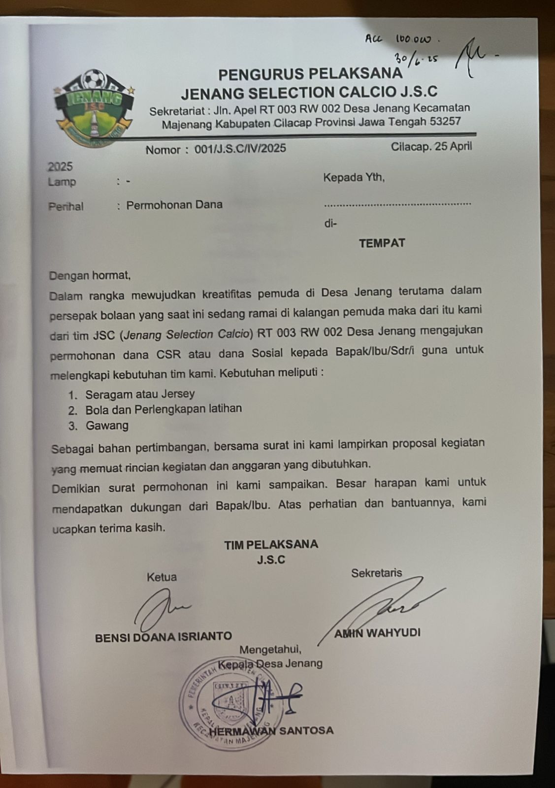 Pengurus Pelaksana Jenang Selection Calcio J.S.C