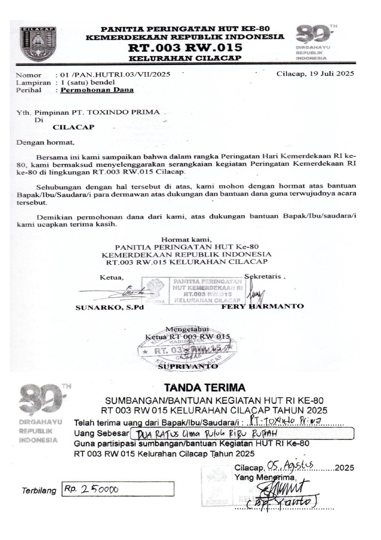 Panitia Peringatan HUT Kemerdekaan RI 2025 ke 80 Tahun RT.03/RW.15 Kel. Cilacap, Kec. Cilacap Selatan