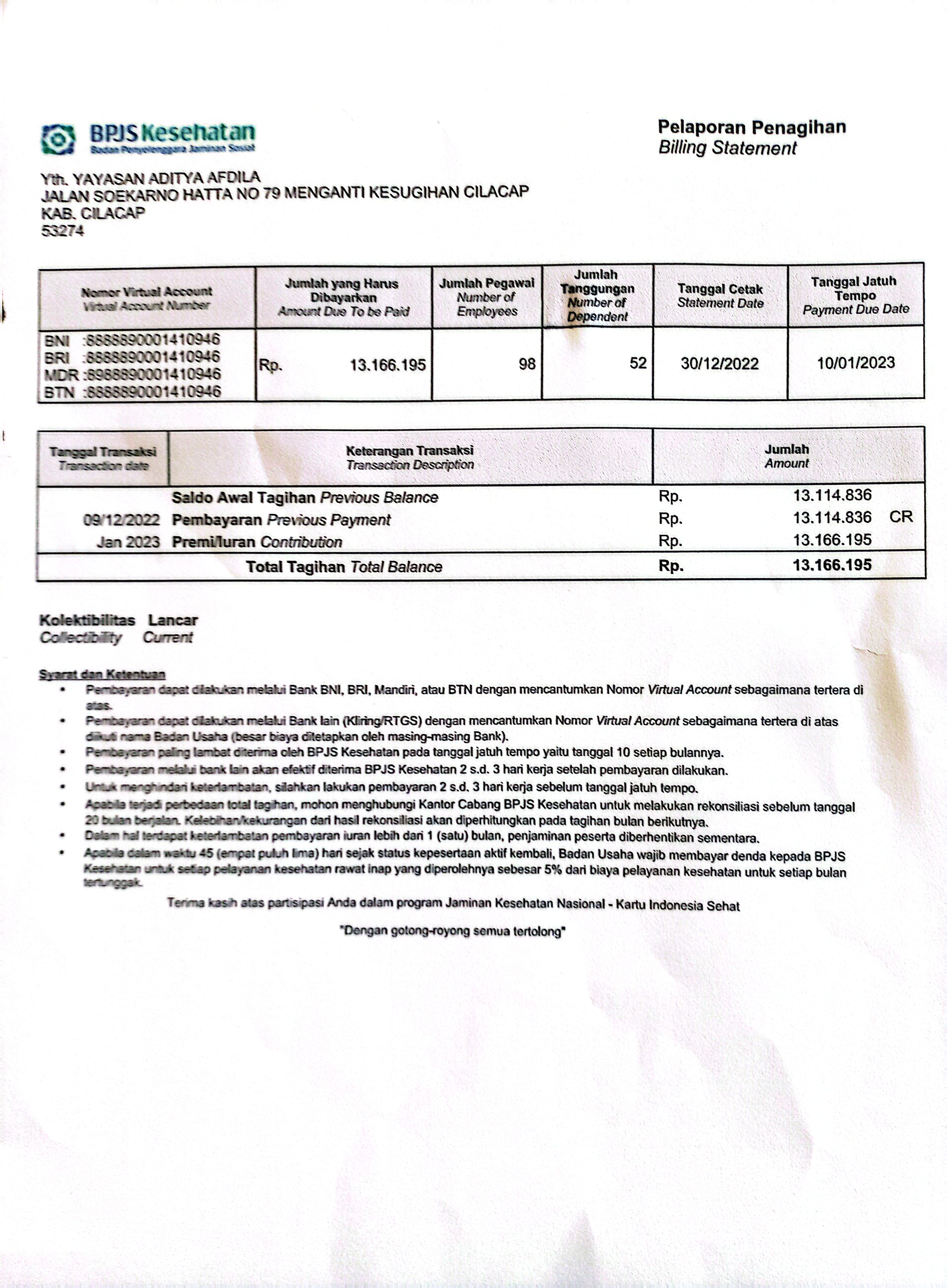 Karyawan RSU Afdila Cilacap dan keluarga yang memenuhi kriteria menerima bantuan BPJS Kesehatan