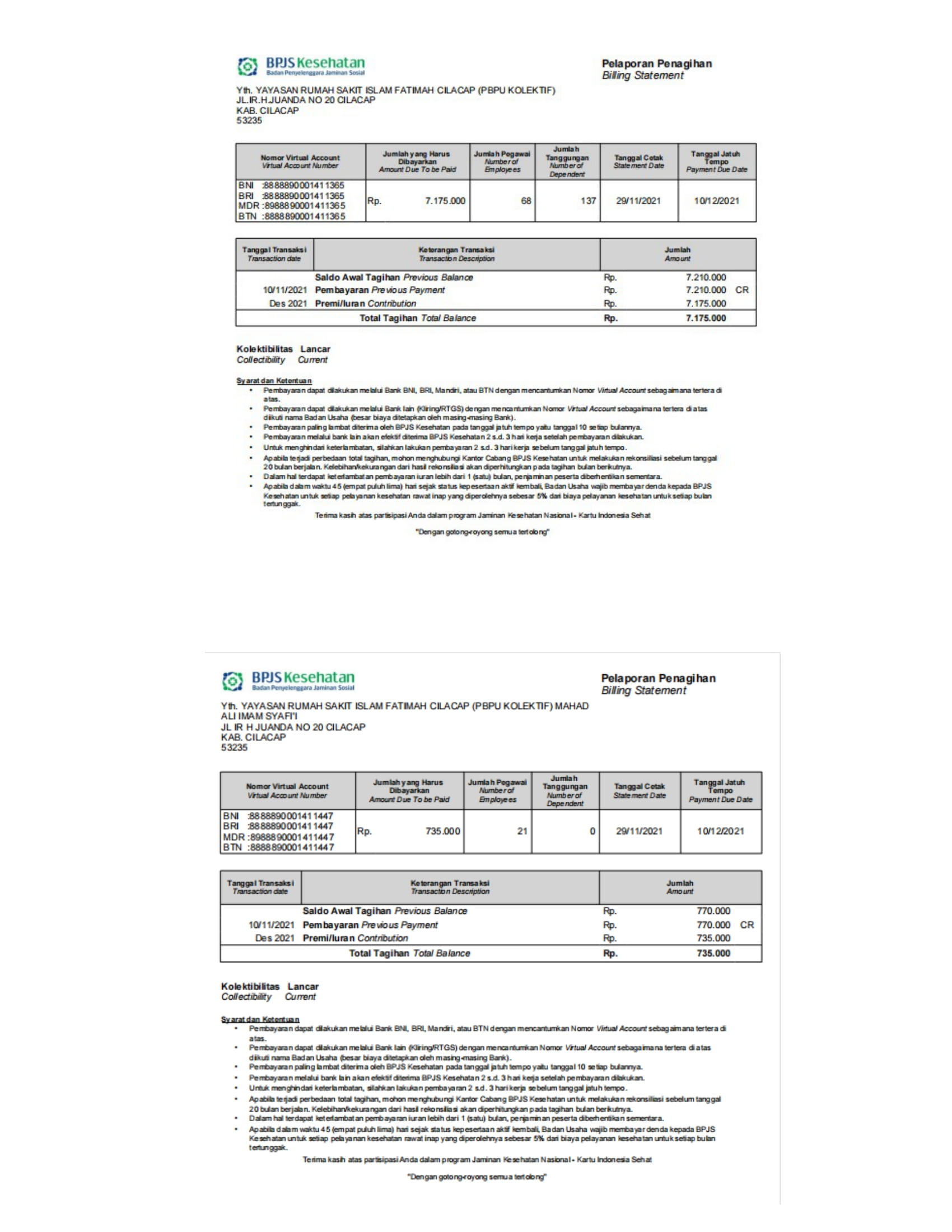 Pembayaran Premi BPJS Kesehatan Semester 2 (Bulan Juli-Desember 2021)