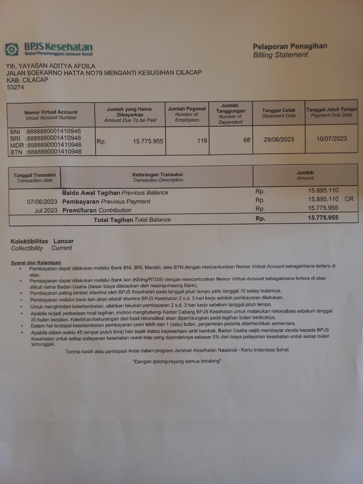 Karyawan RSU Afdila Cilacap yangmemenuhi kriteria mendapatkan kartu BPJS Kesehatan beserta keluarga dan tanggungannya