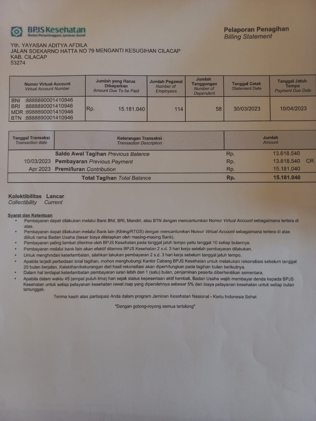 Karyawan RSU Afdila Cilacap yang  memenuhi kriteria mendapatkan kartu BPJS Kesehatan beserta keluarga dan tanggungannya