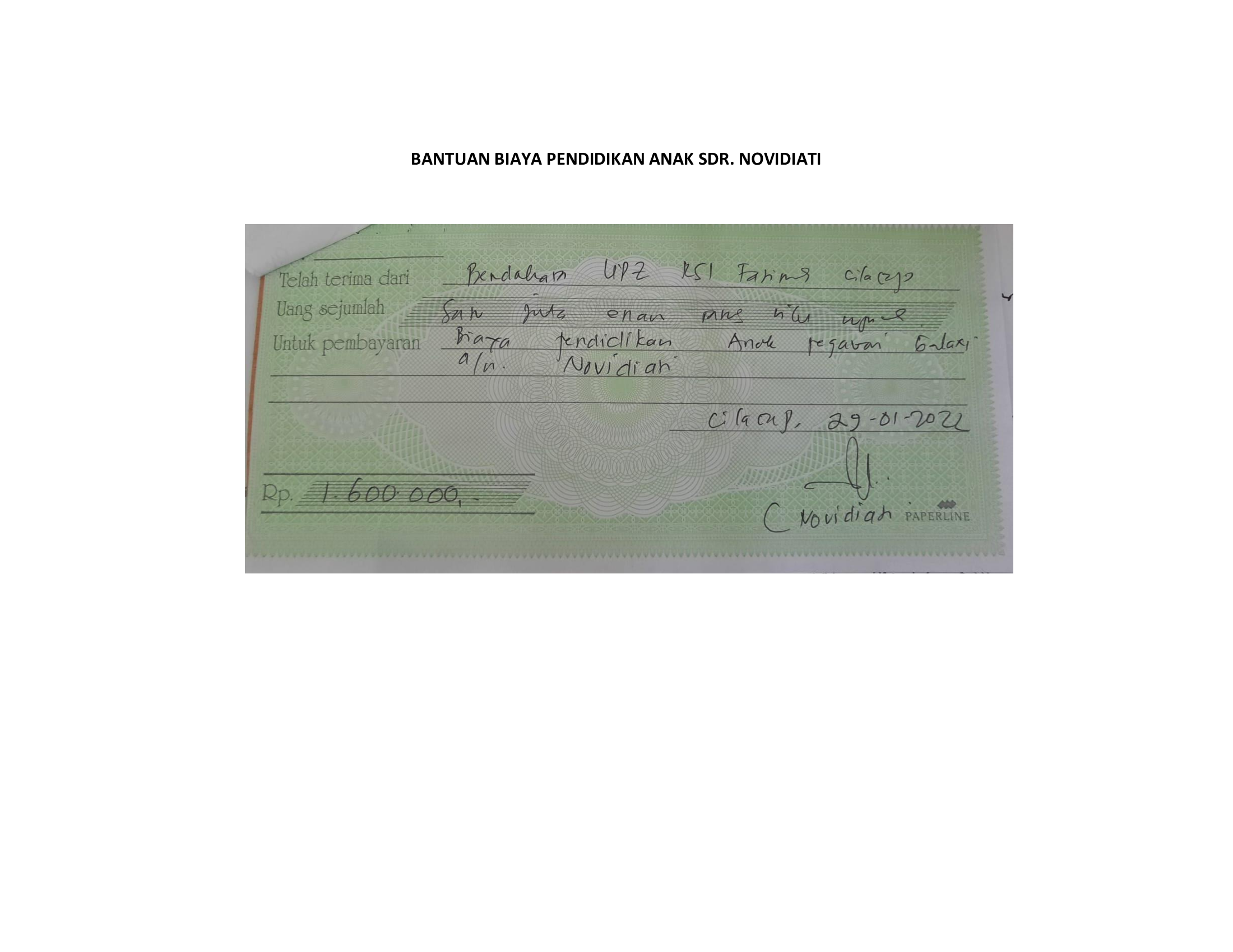 Bantuan biaya pendidikan anak sdr. Novidiati