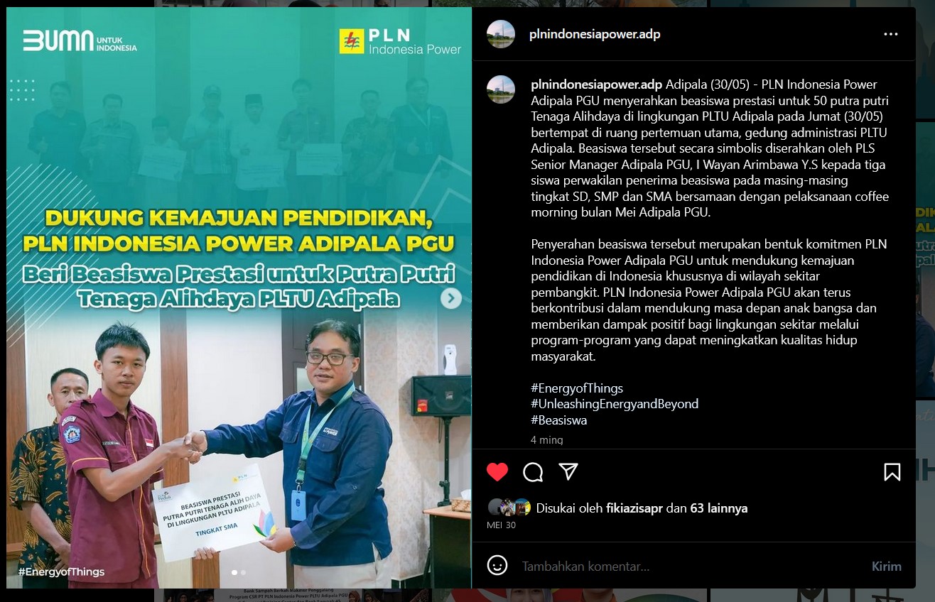 Putera / puteri tenaga alihdaya  PLTU Adipala  berprestasi dan kurang mampu