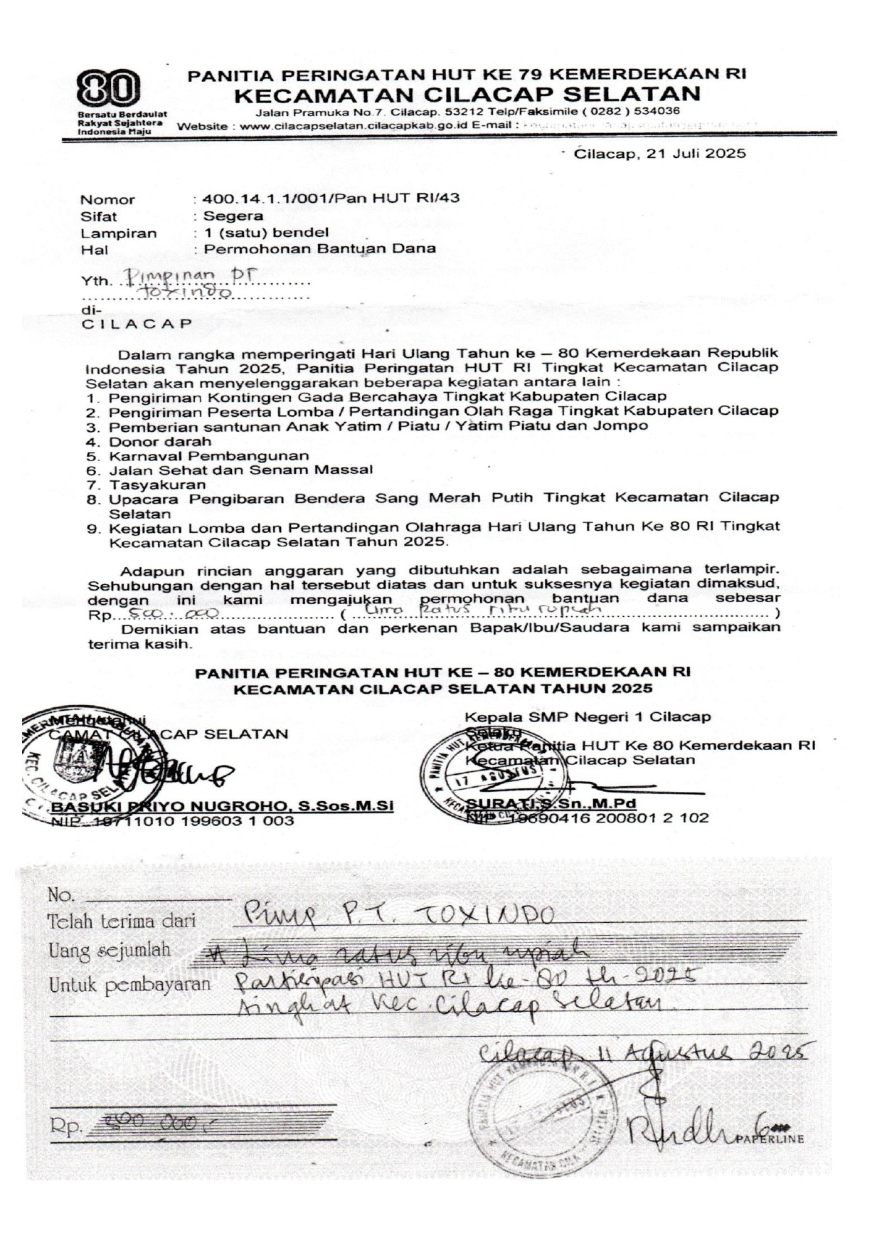 Panitia Peringatan HUT Kemerdekaan RI 2025 ke 80 Tahun Kec. Cilacap Selatan