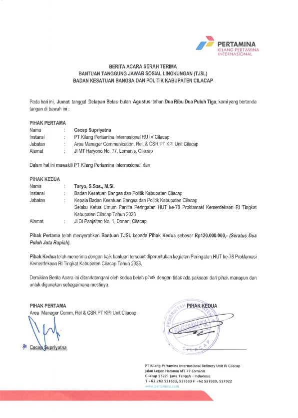 Panitia peringatan HUT RI ke-78 Tahun 2023 Tingkat Kabupaten Cilacap melalui Badan Kesatuan Bangsa dan Politik Kabupaten Cilacap