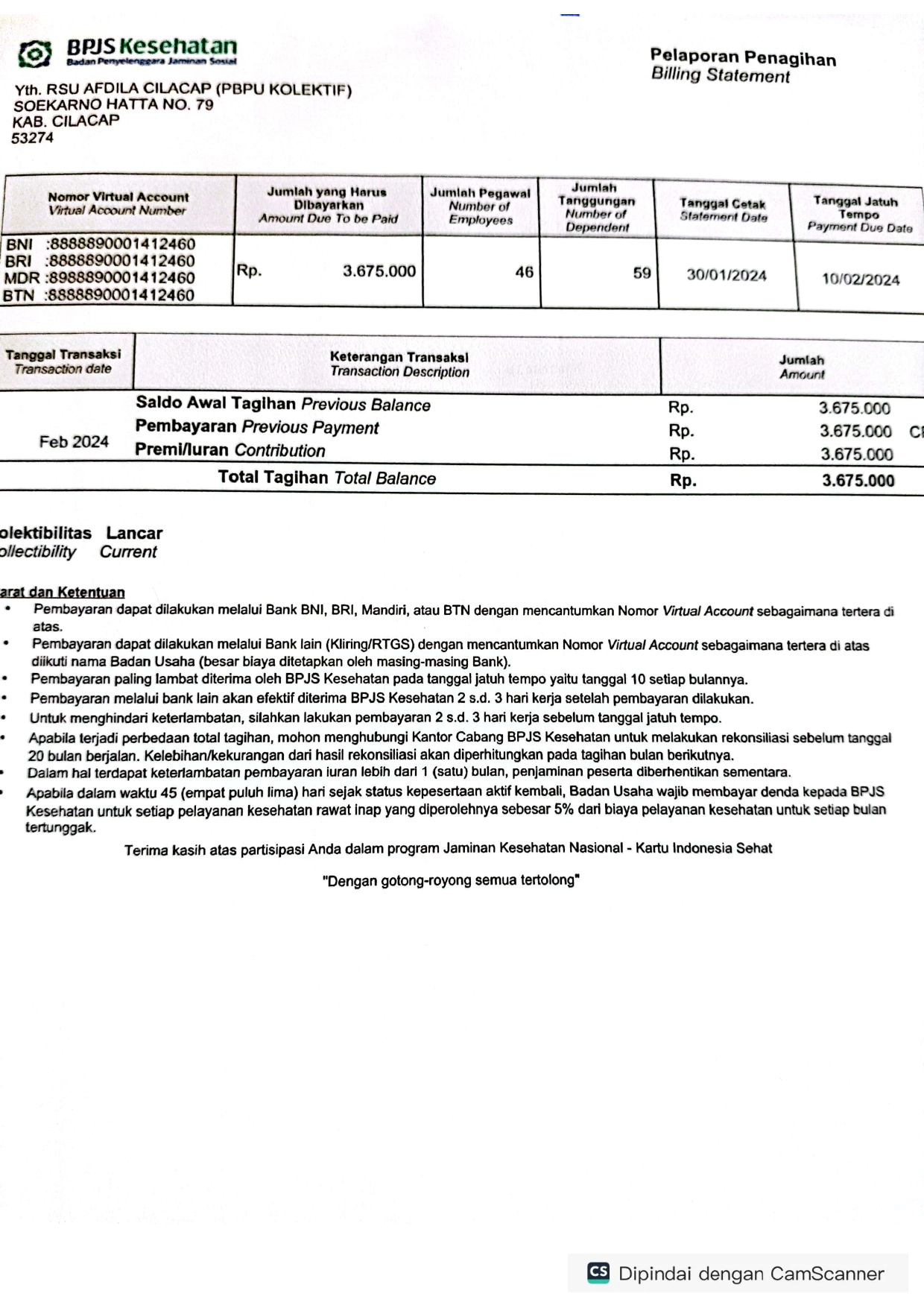 Karyawan RSU Afdila Cilacap beserta keluarga dan tanggunganya yang sudah memenuhi kriteria mendapatkan kartu BPJS 